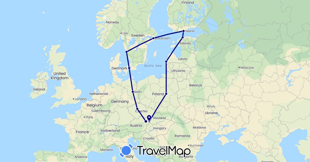 TravelMap itinerary: driving in Austria, Czech Republic, Germany, Denmark, Estonia, Finland, Latvia, Poland, Sweden, Slovakia (Europe)