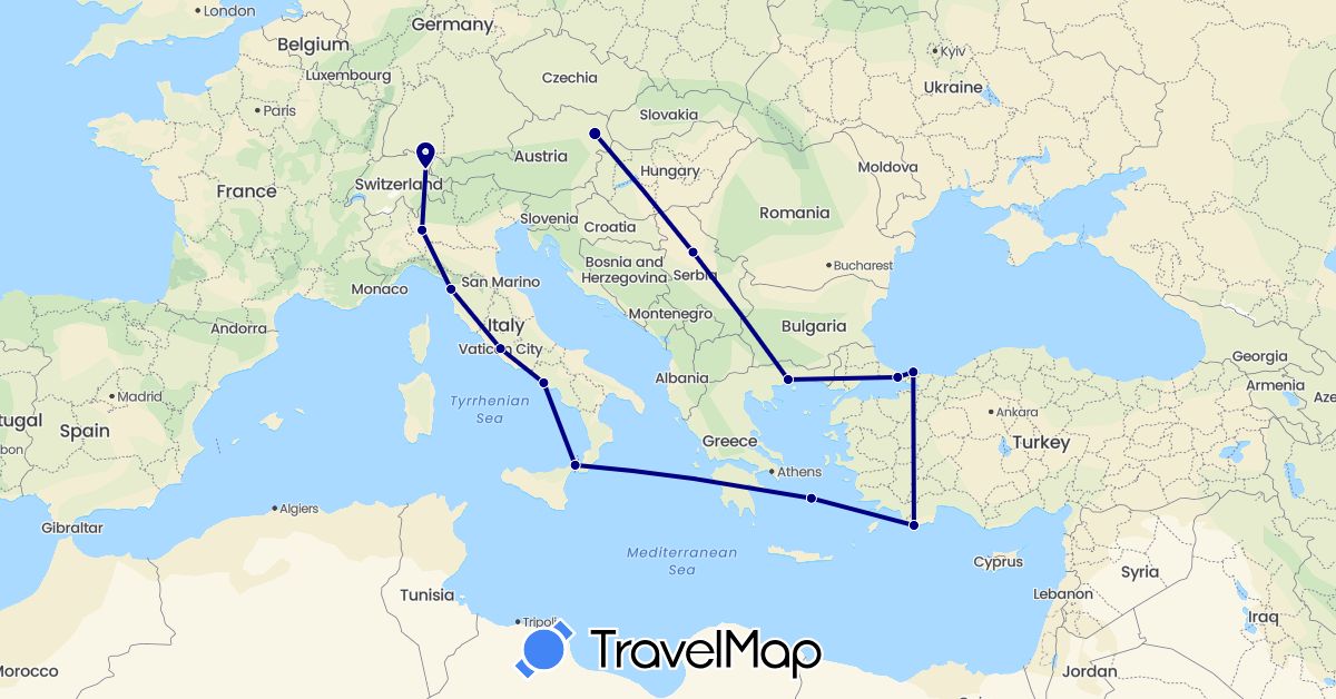 TravelMap itinerary: driving in Austria, Switzerland, Greece, Italy, Serbia, Turkey, Vatican City (Asia, Europe)