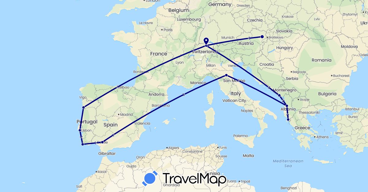 TravelMap itinerary: driving in Albania, Austria, Switzerland, Spain, Italy, Montenegro, Portugal (Europe)
